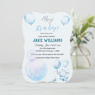 Invitación a Baby Shower para un elefante azul lin