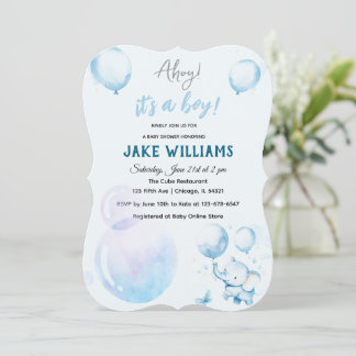 Invitación a Baby Shower para un elefante azul lin