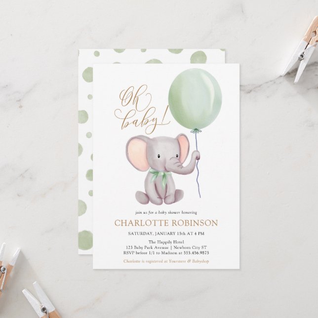 Invitación a Baby Shower para un elefante neutral  (Anverso/Reverso In Situ)