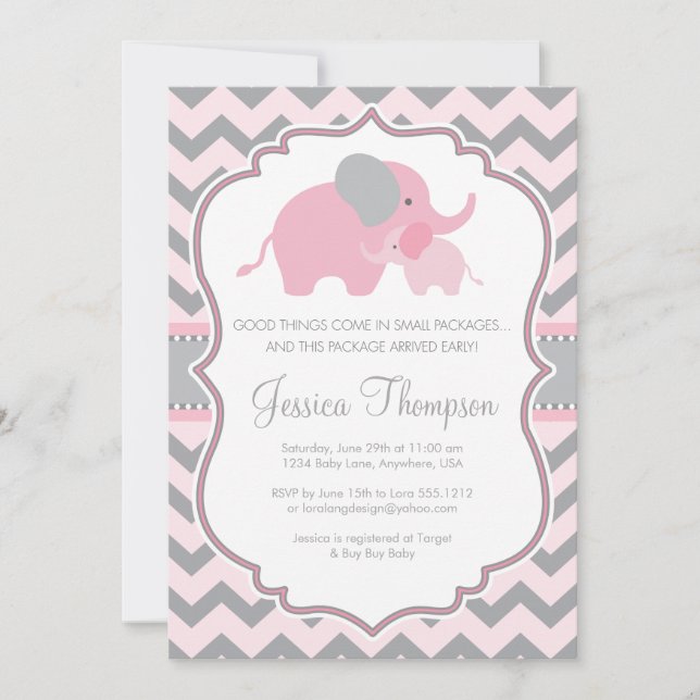 Invitación a Baby Shower para un pequeño elefante  (Anverso)