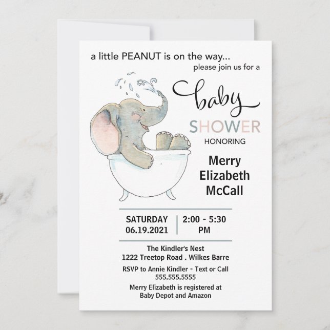Invitación a Baby Shower para un pequeño elefante  (Anverso)