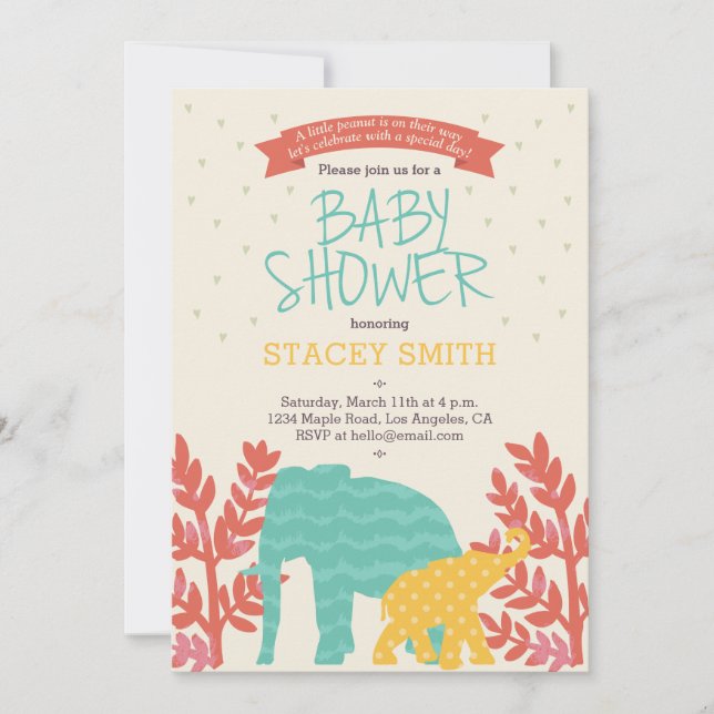 Invitación a Baby Shower para un pequeño elefante  (Anverso)