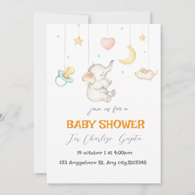 Invitación a Baby Shower para un pequeño elefante  (Anverso)