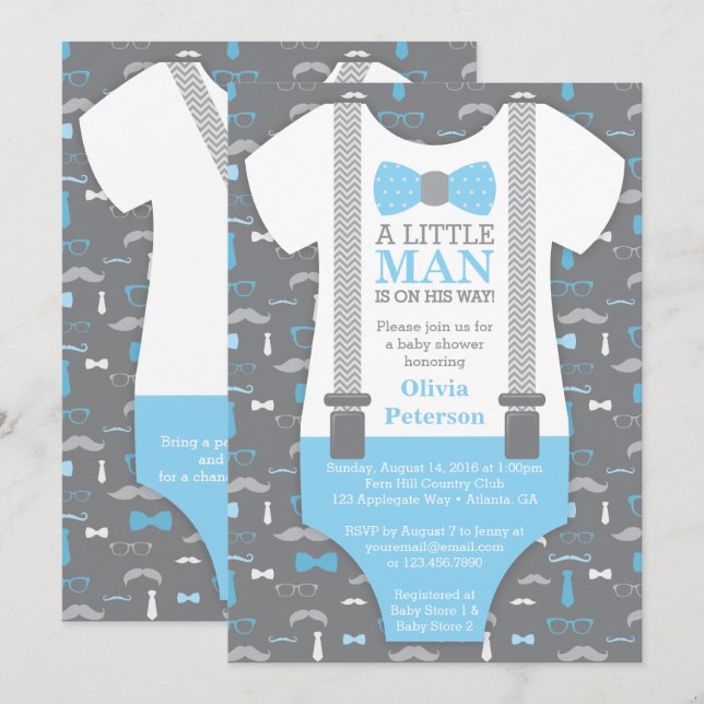 Invitación a Baby Shower para un pequeño hombre, a (Anverso / Reverso)