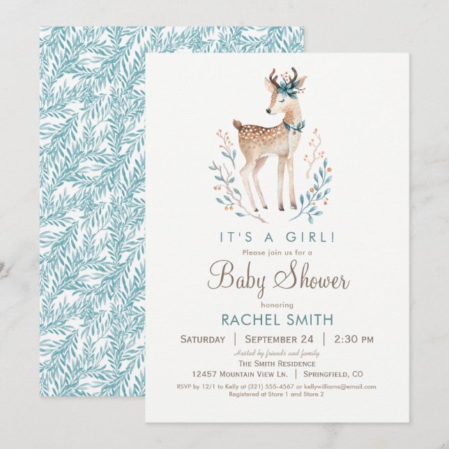 Invitación a Baby Shower para venados de Woodland (Anverso / Reverso)