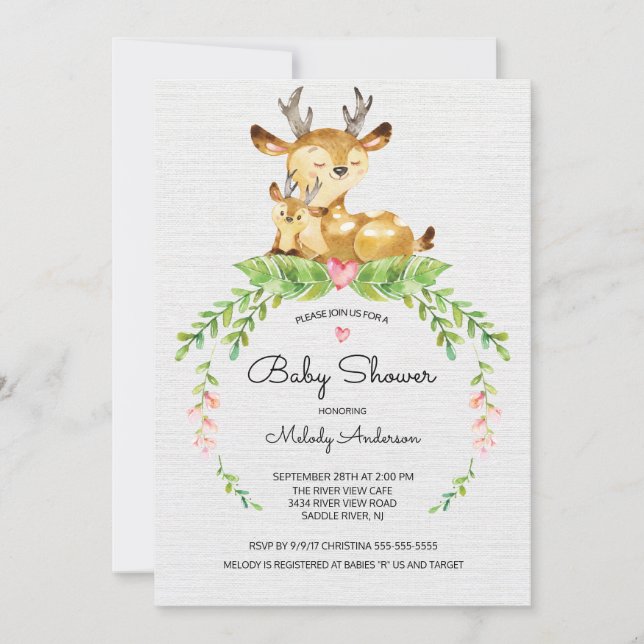 Invitación a Baby Shower para venados de Woodland  (Anverso)