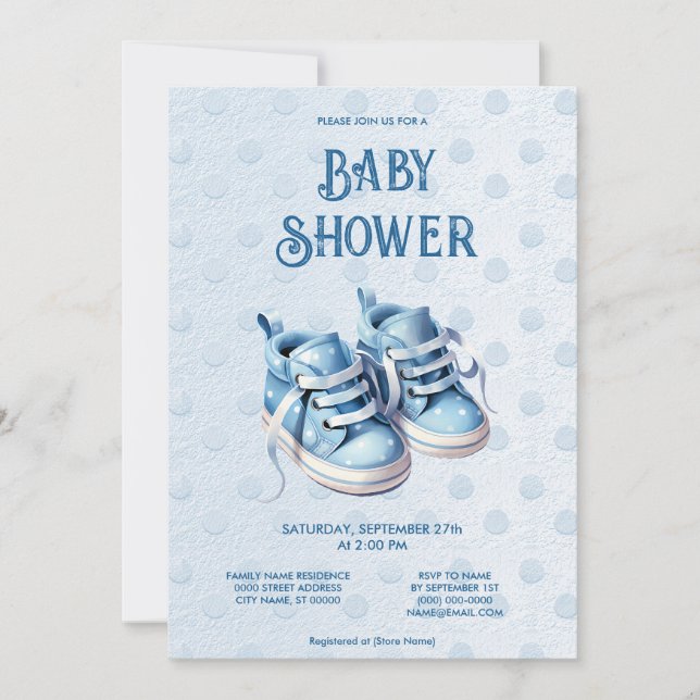 Invitación a Baby Shower para zapatos de bebé azul (Anverso)