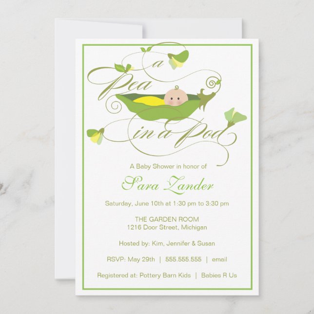 Invitación a Baby Shower - Pea neutra en un Pod (Anverso)