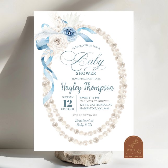 Invitación a Baby Shower Pearl Boho Blue Floral (Subido por el creador)