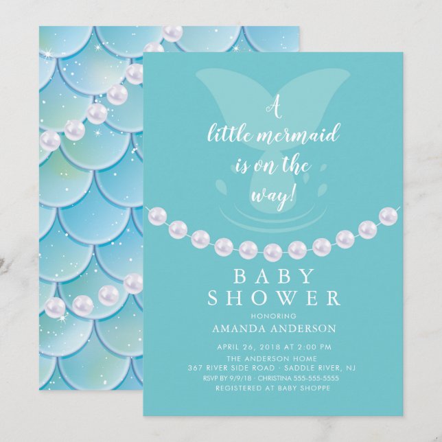Invitación a Baby Shower Pearls & Mermaid (Anverso / Reverso)