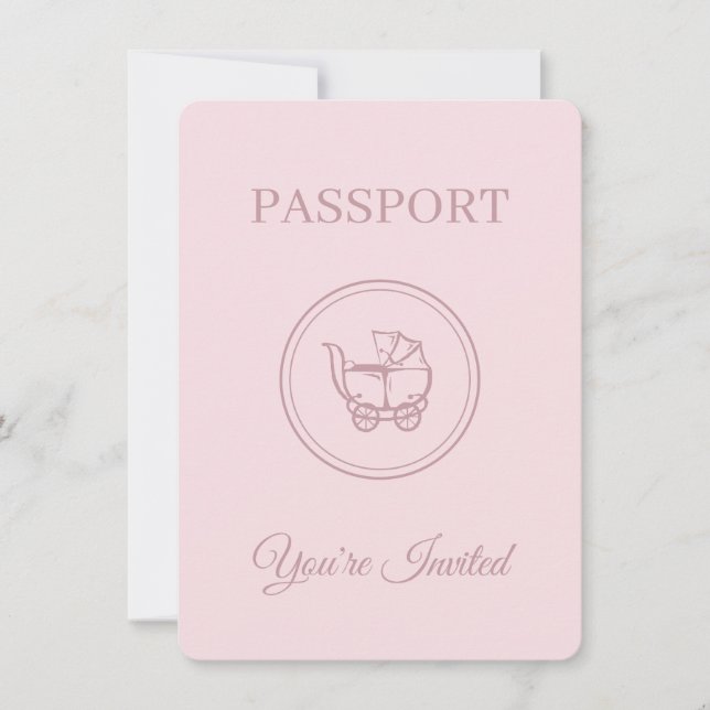 Invitación a Baby Shower Pink Passport de tema de  (Anverso)