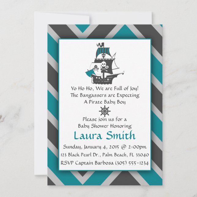 Invitación a Baby Shower pirata verde azulada (Anverso)