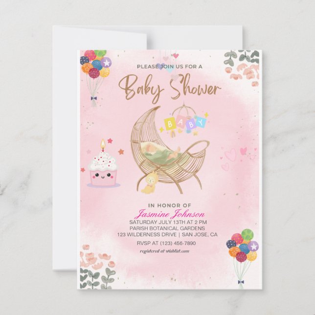 Invitación a Baby Shower por acuarela: Cradle y Ba (Anverso)