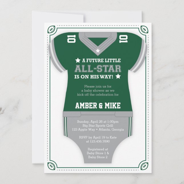 Invitación a Baby Shower por el fútbol, verde, gri (Anverso)