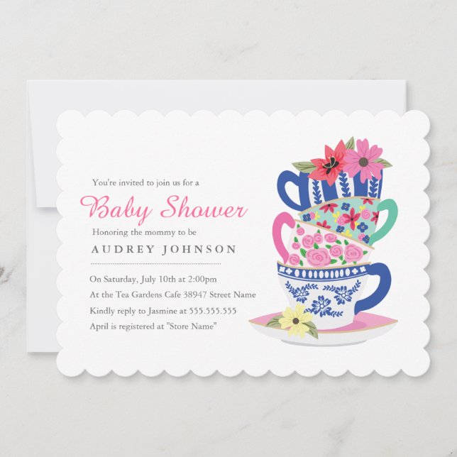 Invitación a Baby Shower por el tiempo del té (Anverso)
