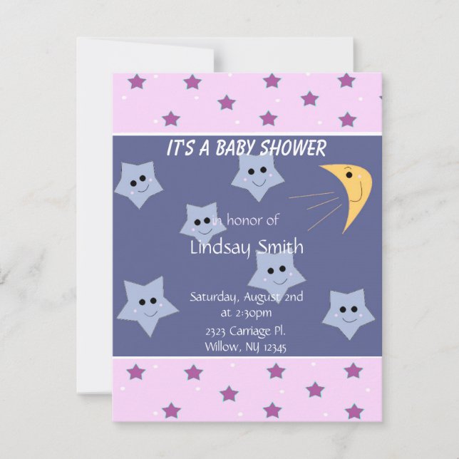 Invitación a Baby Shower por estrellas y luna (Anverso)