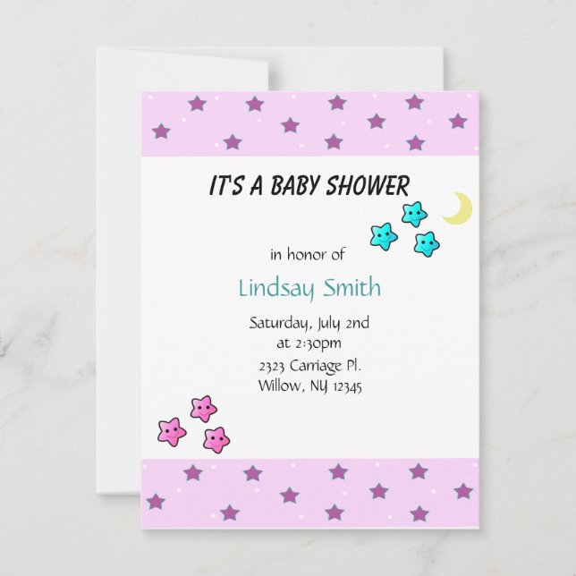 Invitación a Baby Shower por estrellas y luna (Anverso)