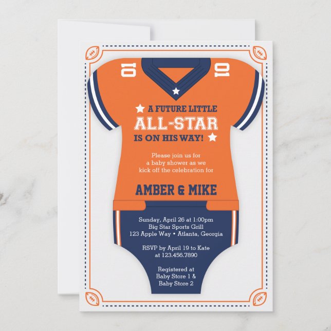 Invitación a Baby Shower por fútbol, Naranja, azul (Anverso)