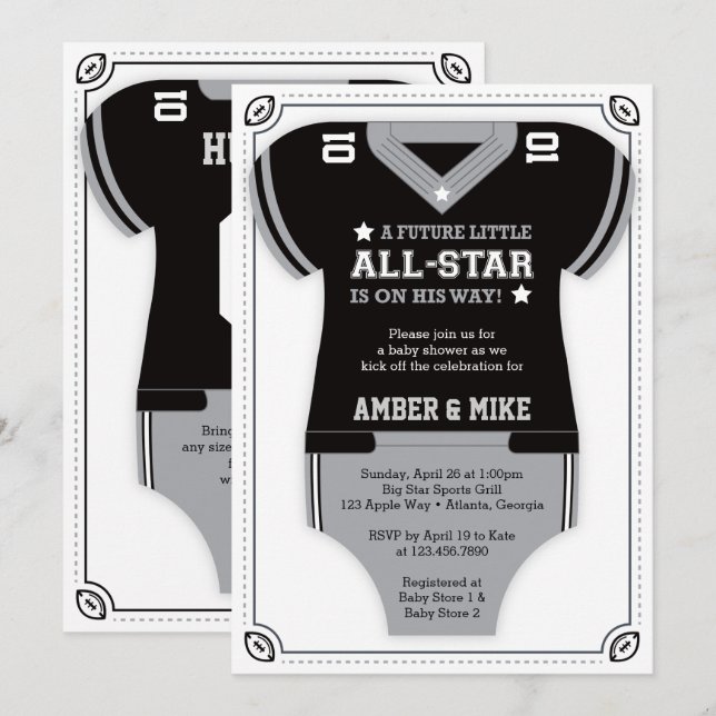 Invitación a Baby Shower por fútbol, negro, gris (Anverso / Reverso)