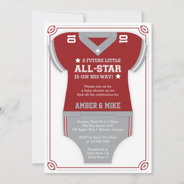 Invitación a Baby Shower por fútbol, rojo, gris (Anverso)