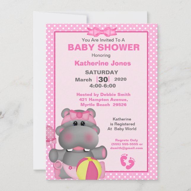 Invitación a Baby Shower por hipopótamo rosado (Anverso)