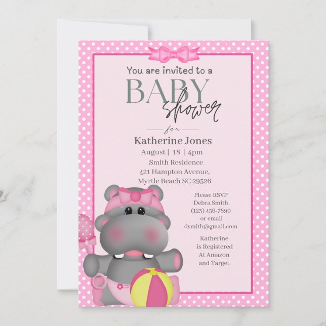 Invitación a Baby Shower por hipopótamo rosado (Anverso)