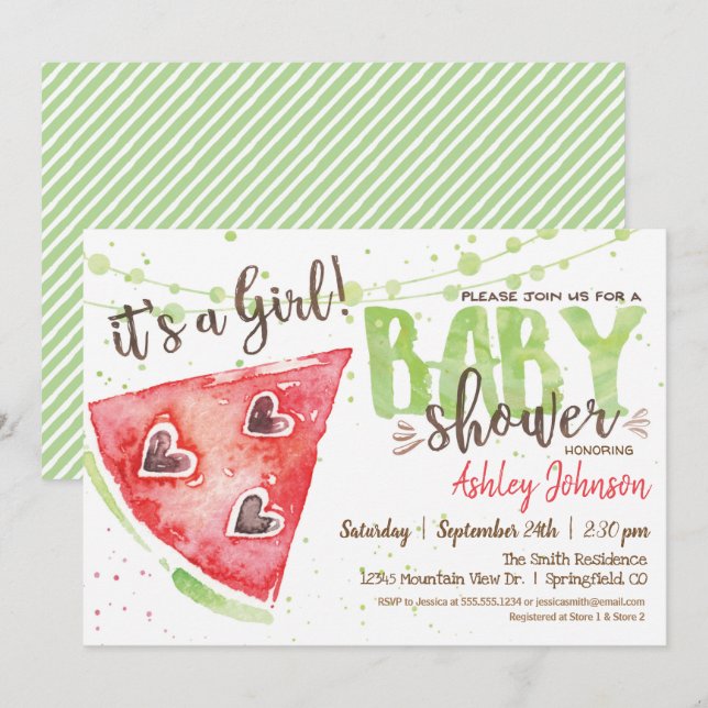 Invitación a Baby Shower por sandía, Chica (Anverso / Reverso)