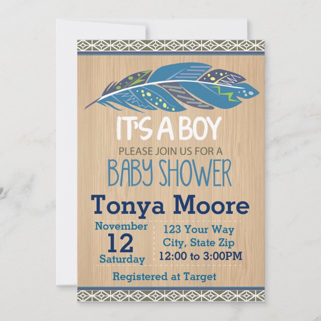 Invitación a Baby Shower por tribus rusticas (much (Anverso)