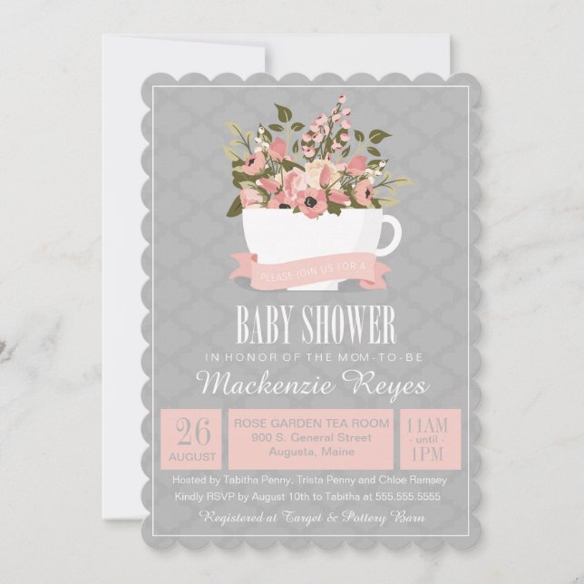 Invitación a Baby Shower por un equipo con flores, (Anverso)