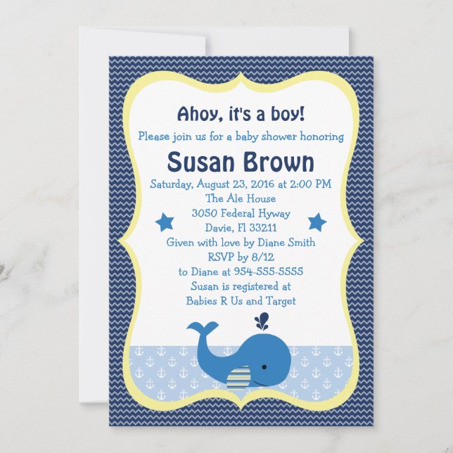 Invitación a Baby Shower por Whale Nautical (Anverso)