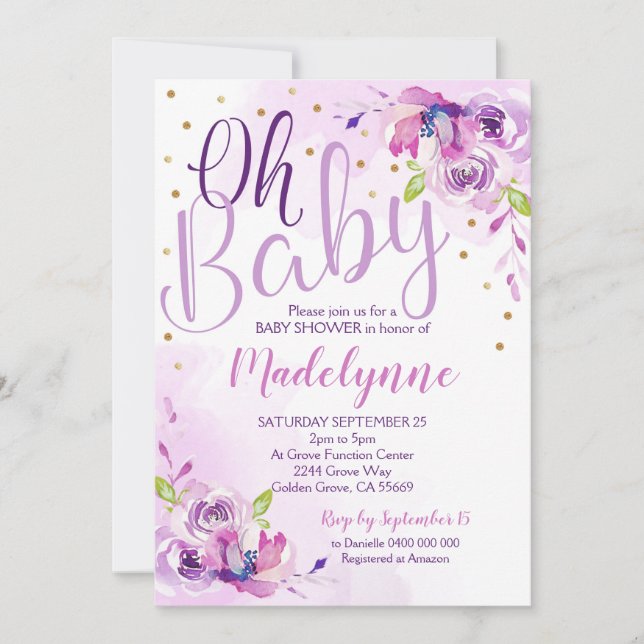 Invitación a Baby Shower Purple Floral (Anverso)