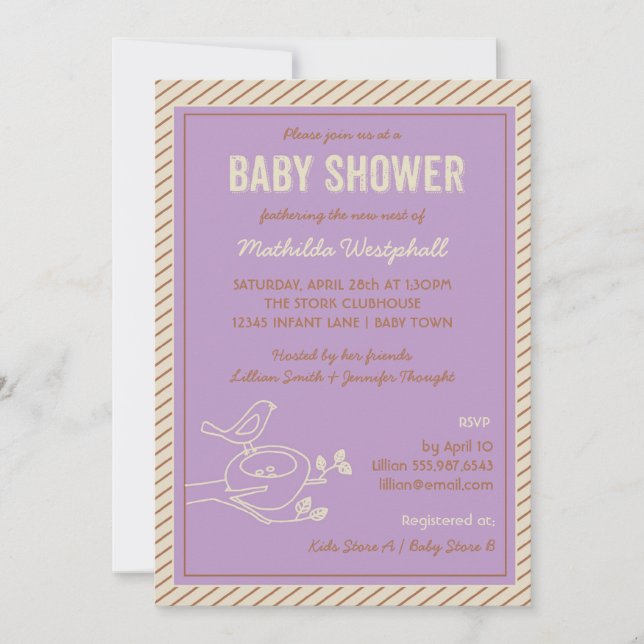 Invitación a Baby Shower púrpura de Bird Nest (Anverso)