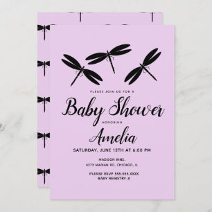 Invitación a Baby Shower púrpura de Black Dragonfl
