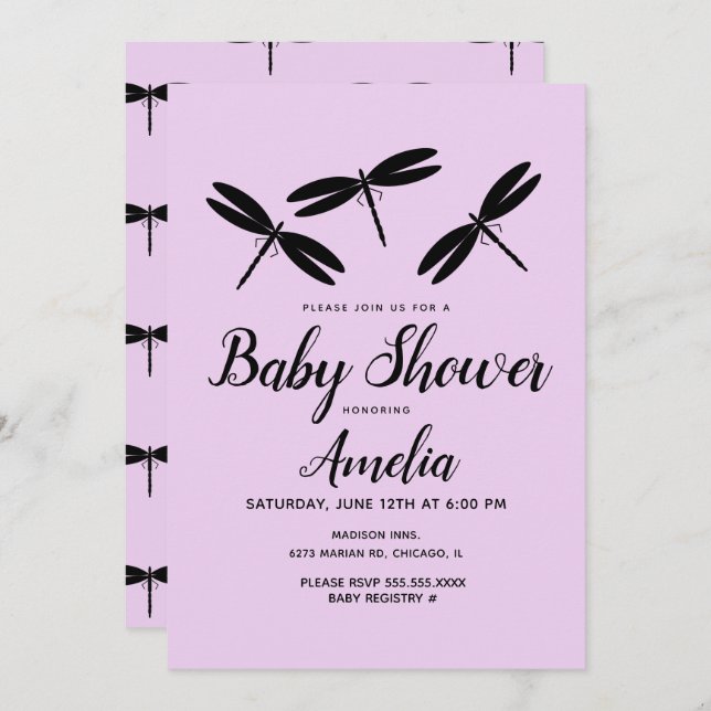 Invitación a Baby Shower púrpura de Black Dragonfl (Anverso / Reverso)