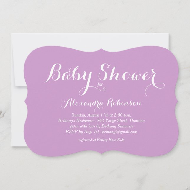Invitación a Baby Shower púrpura de Fancy (Anverso)