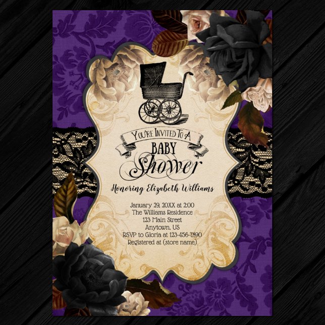 Invitación a Baby Shower púrpura de gótico victori (Front)