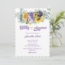 Invitación a baby shower púrpura y amarilla