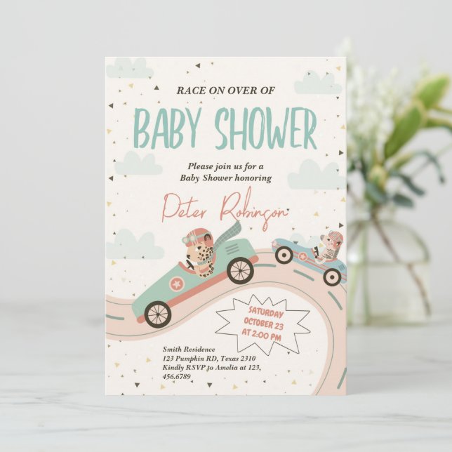 Invitación a Baby Shower Race Fast Car (Anverso de pie)