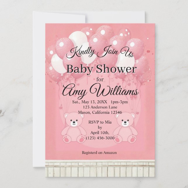 Invitación a baby shower rosa (Anverso)