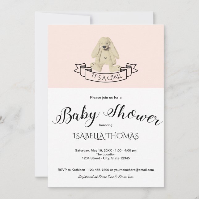 Invitación a Baby Shower rosa de conejito lindo (Anverso)