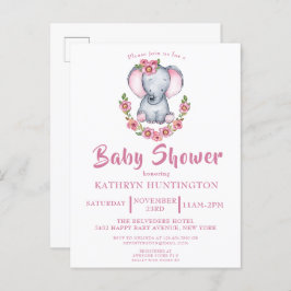 Invitación a Baby Shower rosa de elefante floral l