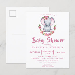 Invitación a Baby Shower rosa de elefante floral l