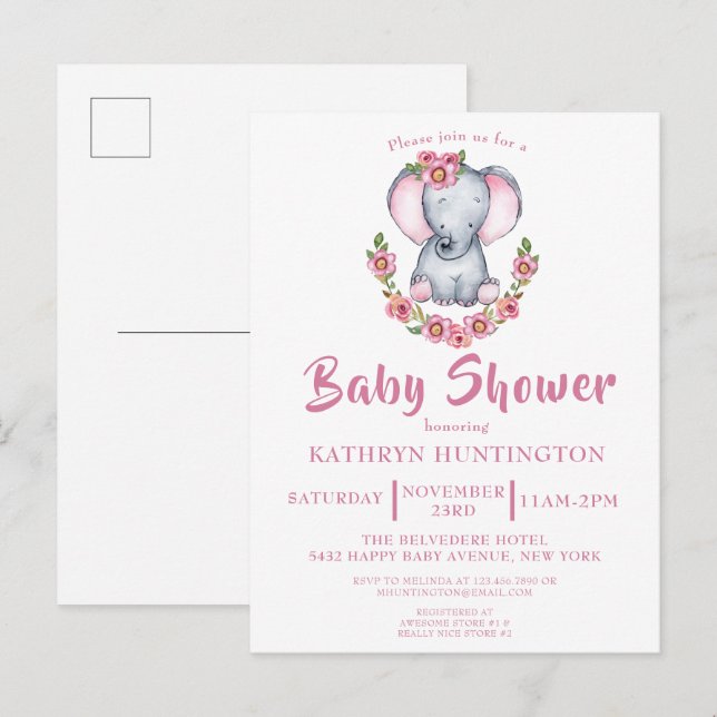 Invitación a Baby Shower rosa de elefante floral l (Anverso / Reverso)