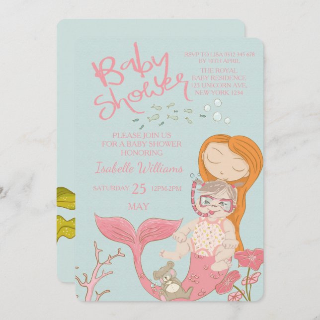 Invitación a Baby Shower rosa de Mermaid Ocean Chi (Anverso / Reverso)