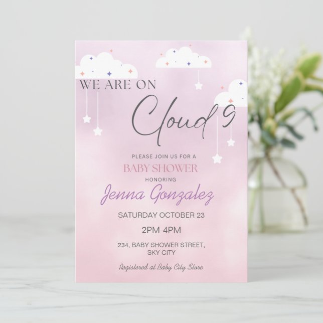 Invitación a Baby Shower rosa de Nueve Chicas (Anverso de pie)