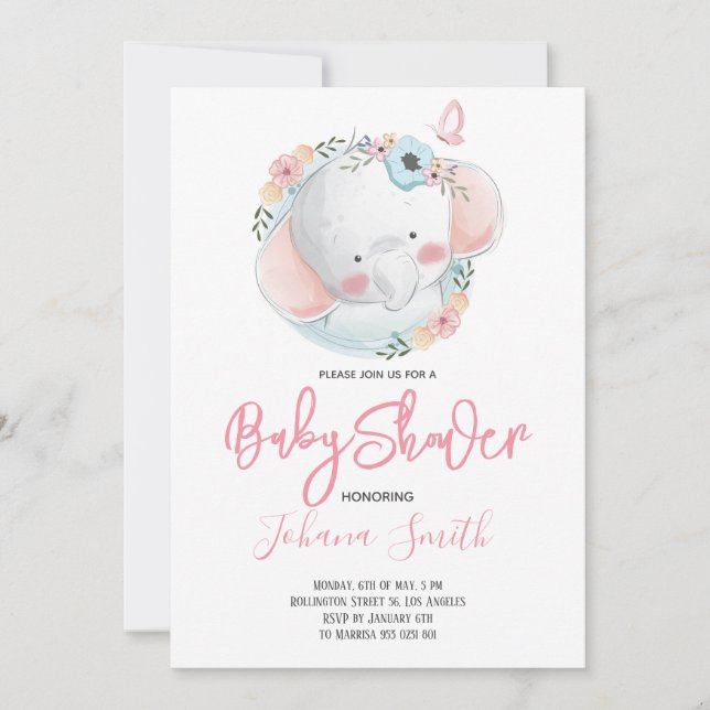 Invitación a Baby Shower rosa del elefante chica (Anverso)