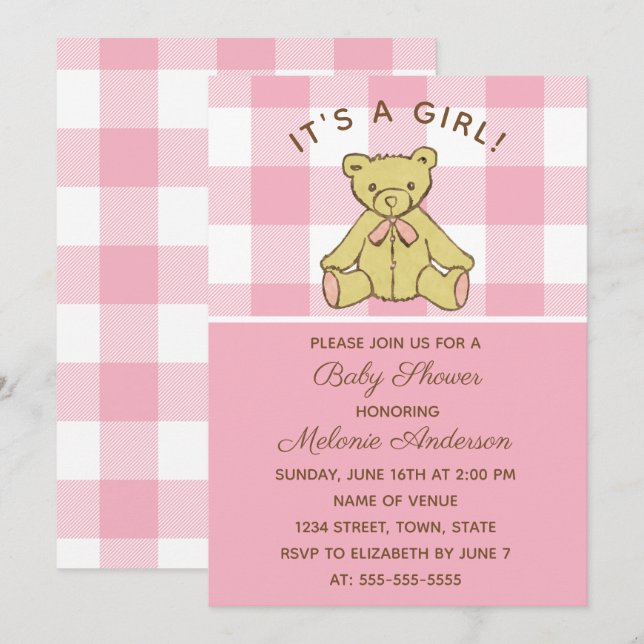 Invitación a Baby Shower rosa del oso chica (Anverso / Reverso)