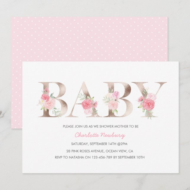 Invitación a Baby Shower Rosa dorado (Anverso / Reverso)