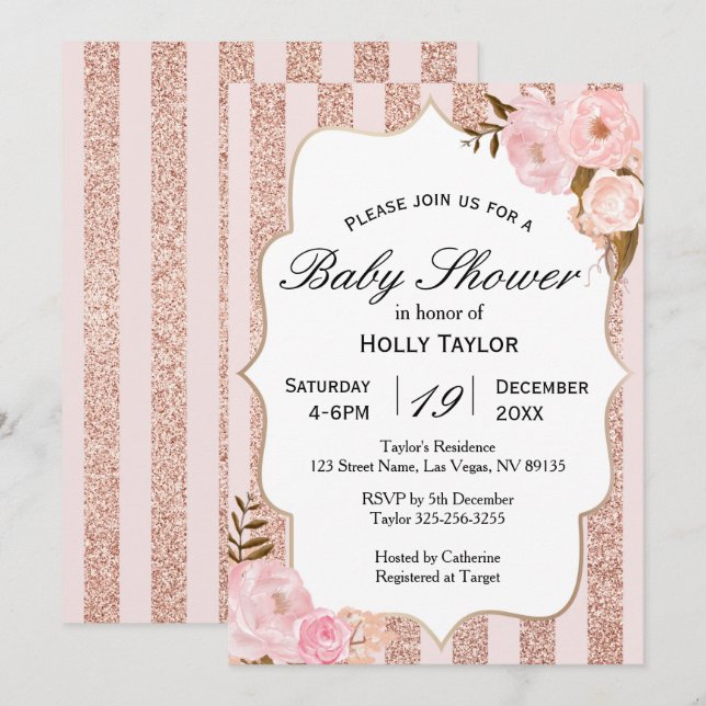 Invitación a Baby Shower Rosa Gold (Anverso / Reverso)