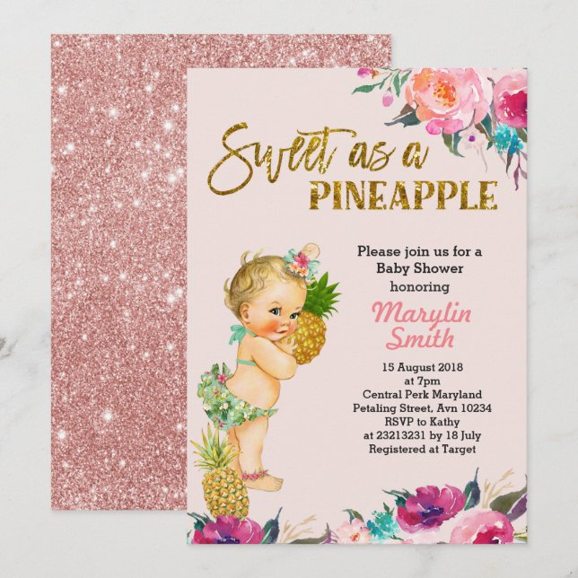 Invitación a Baby Shower Rosa Gold Pineapple (Anverso / Reverso)